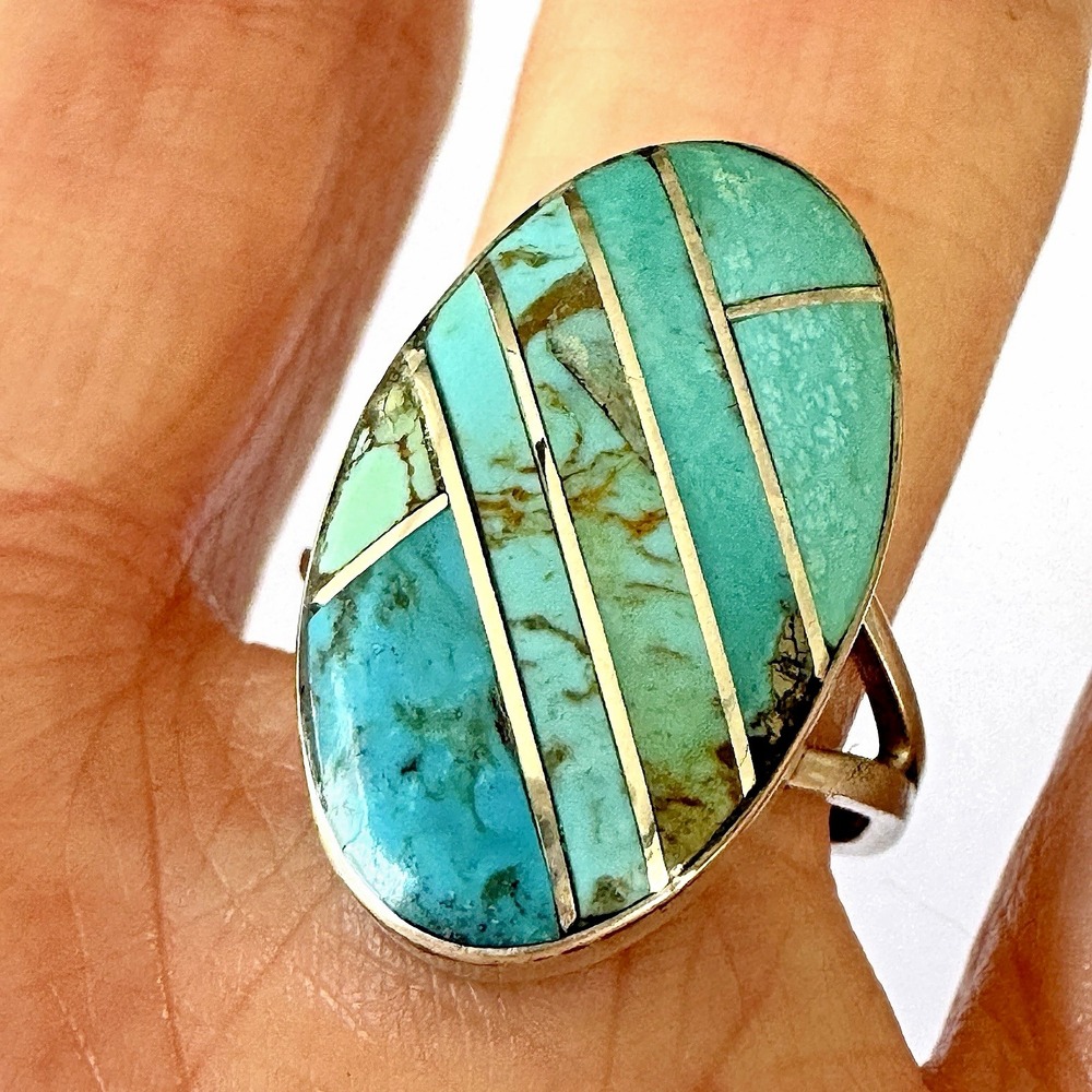 Navajo Ring Sz 8 Mixed Turquoise Inlay Darlene Noble Sterling Native American‎